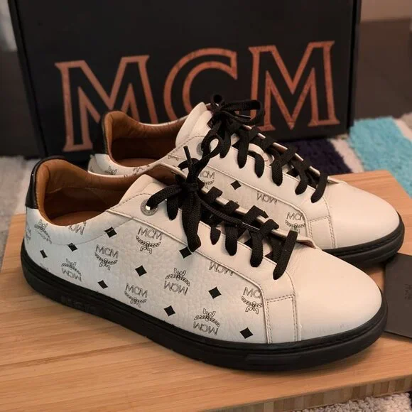 MCM White Black Logo Low-Top Sneakers - Picture 2 of 13